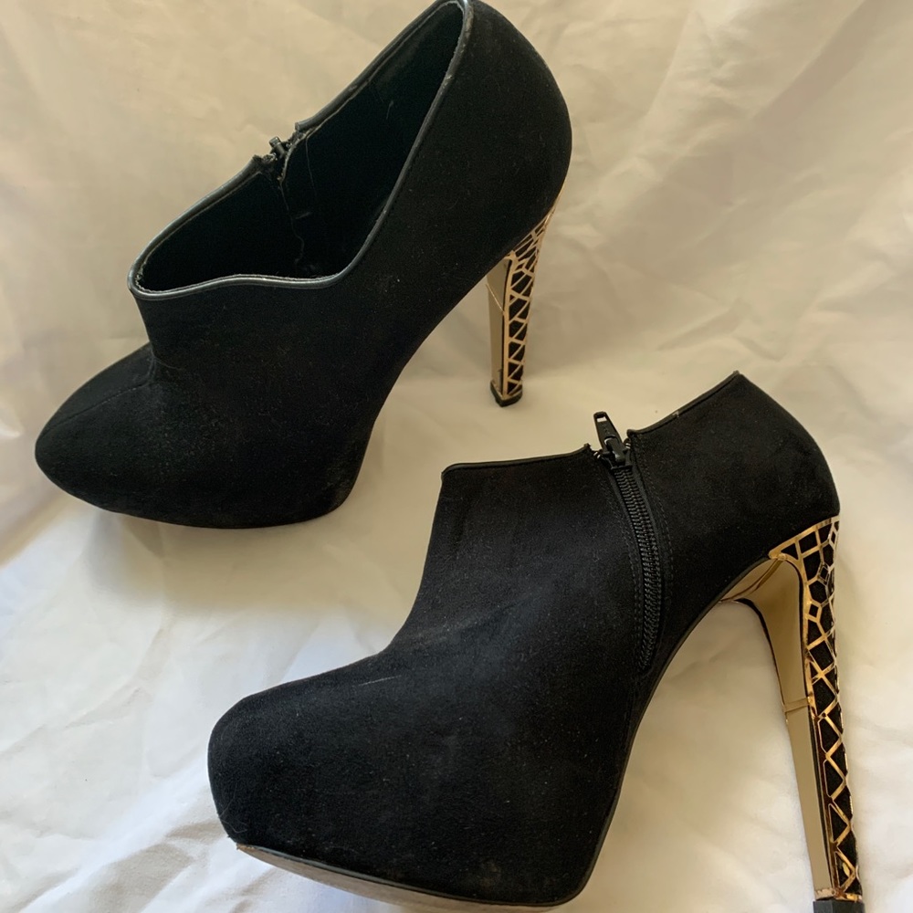 Black Suede Heels with Gold Heel Accent